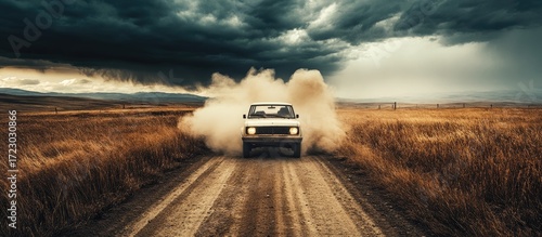 Racing the Storm: A Lone Car Kicks Up Dust on a Rural Road Under Ominous Skies.