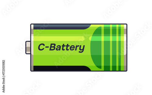 Icon of big C battery. Lithium accumulator for charging electronics with power. Reusable nickel element, rechargeable dry alkaline electrical energy cell. Flat isolated vector illustration on white