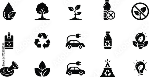 Set of fifteen ecology and environment icons collection of eco, nature, and sustainability symbols