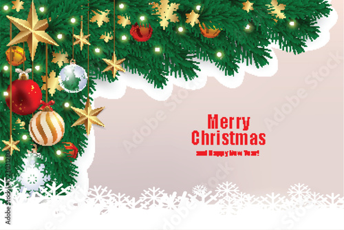Merry Christmas card with wreath, presents and elegant typographic art