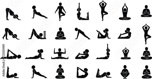 Collection of yoga poses in silhouette for exercise and meditation, promoting physical and mental wellbeing