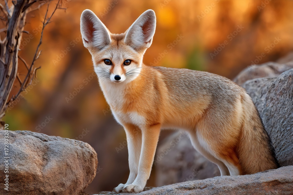 Fototapeta premium Fennec fox standing on rocks in desert environment