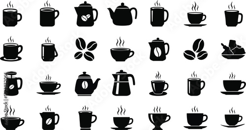 Set of various coffee icons, depicting different types of coffee drinks and brewing methods for coffee lovers