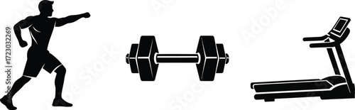 Fitness and exercise icons, showcasing workout, strength training, and cardio equipment in a minimalist style