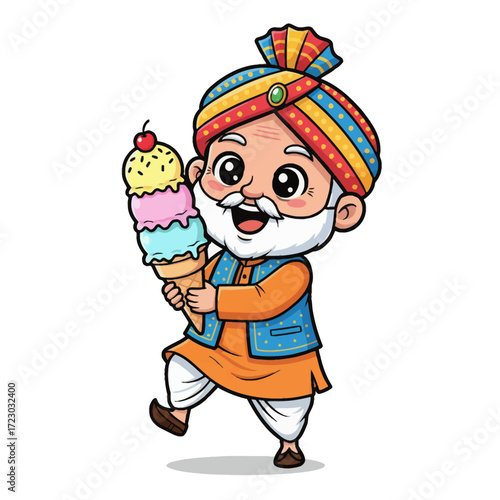 kawaii indian grandpa with ice cream. a charming high-res vector of a joyful grandpa in traditional indian attire happily eating a sweet treat. bright, clean lines, and a cheerful pose.