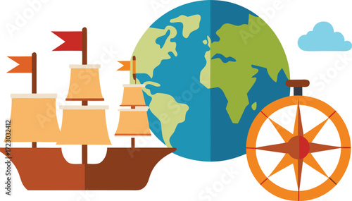 Columbus day ships compass and earth vector illustration bundle for exploration themes vector