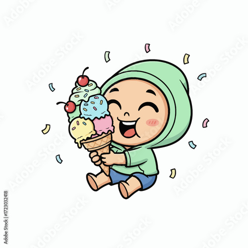 playful cartoon character with sweet treat a fun, dynamic cartoon vector featuring an overjoyed character with a large, colorful ice cream. clean, scalable design.