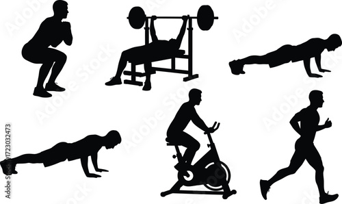 Silhouettes of men performing various gym exercises, showcasing strength training and cardiovascular fitness