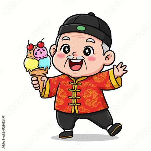 traditional chinese grandpa cartoon. a fun, clean vector featuring an overjoyed grandpa in a cultural outfit with a colorful ice cream. this unreleased design is excellent for stickers and digital art