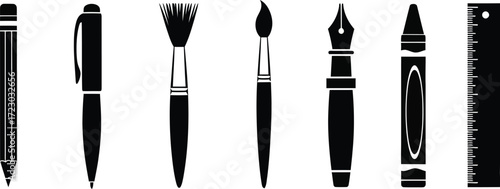 Art and craft supply icons pencil, pen, brush, crayon, ruler, eraser, and paper clip in black silhouette