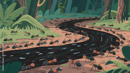 Illustration Thousands Of Ants Moving Simultaneously Forming A Black Stream Covering The Damp Forest Ground Vector Design Template