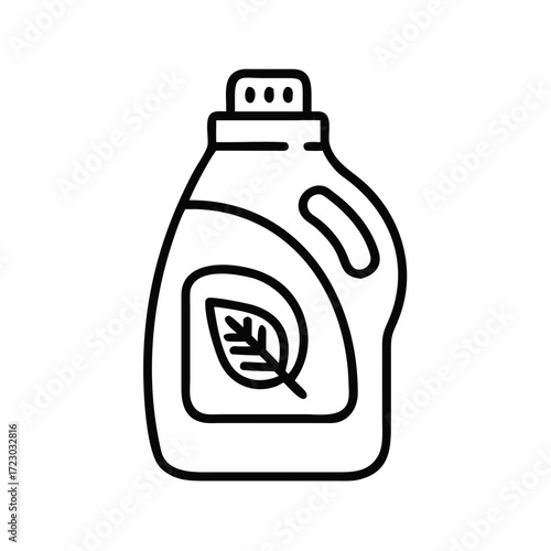 Outline of a eco-friendly detergent bottle featuring a leaf symbol in a minimalist style
