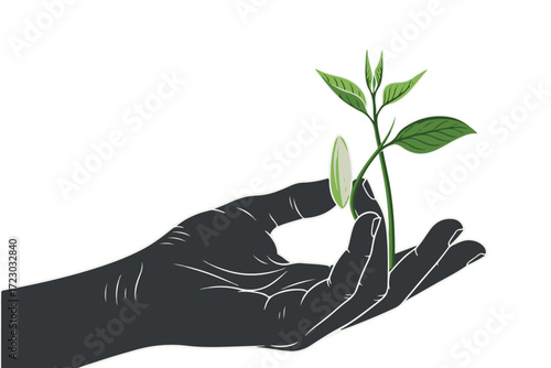Silhouette of a hand holding a small green plant sprout with new leaves