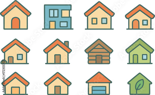 Diverse collection of charming residential house icons representing various architectural styles and housing types, ideal for property, real estate, and home-related design projects