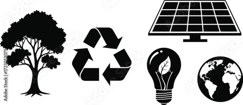 Illustration of environmental conservation and sustainability icons, including tree, recycle, solar panel, light bulb, and earth