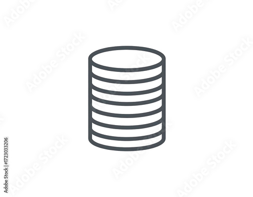 Isometric illustration of a dark grey cylindrical stack of rings or disks, suggesting data storage or a database structure