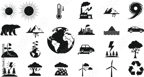 Climate change causes and effects vector icons global warming, pollution, deforestation, and natural disasters symbols