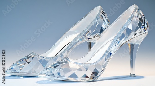 A pair of high-heeled crystal shoes, reminiscent of Cinderellaas glass slipper
