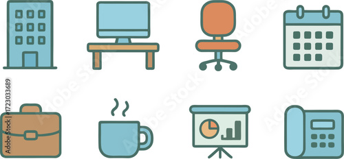 Collection of modern office icons representing business, technology, and daily work essentials, including a computer, chair, and calendar