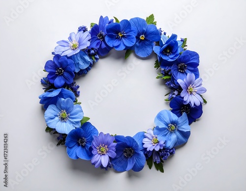 Circular floral wreath of various shades of blue flowers