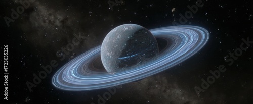 A blue ringed planet, possibly a gas giant, glows softly against a backdrop of dark space speckled with distant stars and nebulous clouds of cosmic dust