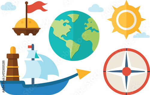 Columbus day vector graphics bundle featuring ships compass map and globe illustration vector