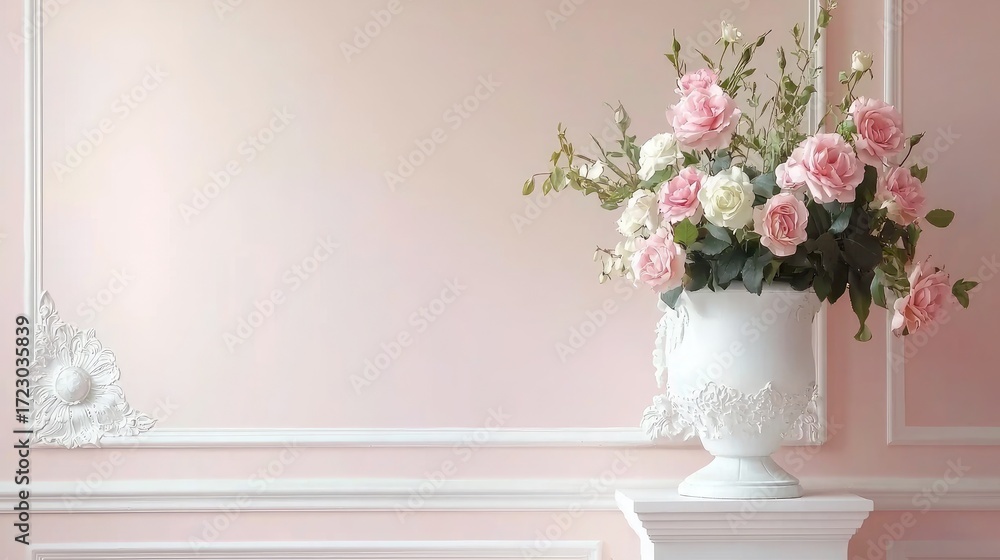 Fototapeta premium Elegant Floral Arrangement in Classic White Urn Against Soft Pink Wall with Decorative Molding and Subtle Texture