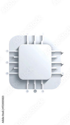 A minimalist illustration of a white microchip, square-shaped with subtly shadowed edges and detailed pin connectors