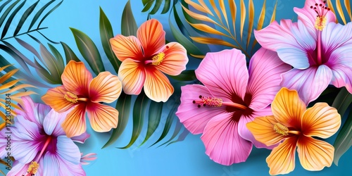 Vibrant tropical hibiscus flowers and palm leaves background