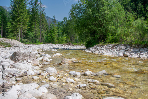 Scenic Slovenian river flowing through lush green valley landscape