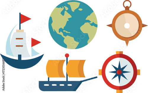 Columbus day elements bundle ships compass map vector graphics eps illustration vector