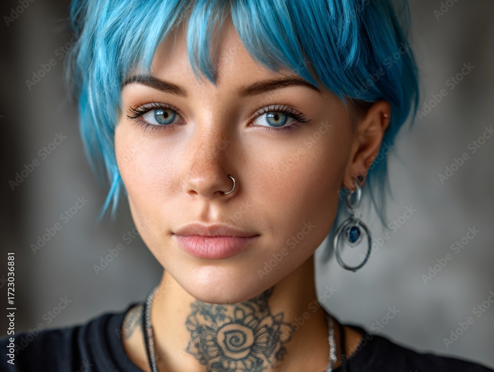 Fototapeta premium Young woman with blue hair portrait and piercings
