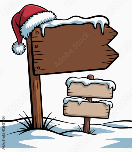 Wooden Signpost with Snow and Santa Hat