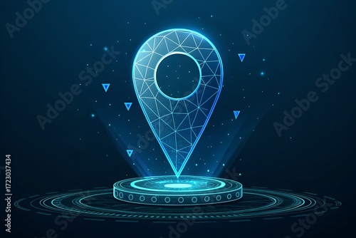 Futuristic low poly digital map pin hologram glowing with technology and network connections abstract concept