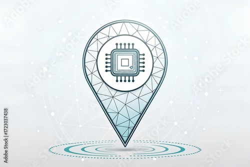 Futuristic low poly digital map pin hologram glowing with technology and network connections abstract concept