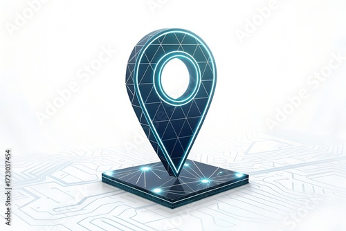 Futuristic low poly digital map pin hologram glowing with technology and network connections abstract concept