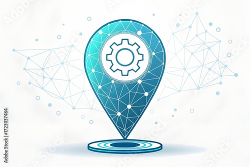Futuristic low poly digital map pin hologram glowing with technology and network connections abstract concept