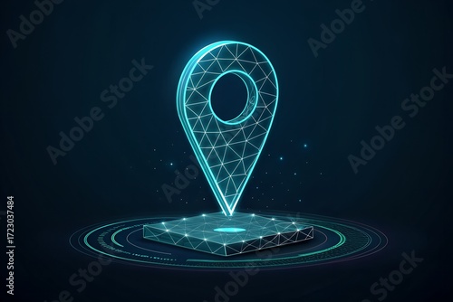 Futuristic low poly digital map pin hologram glowing with technology and network connections abstract concept
