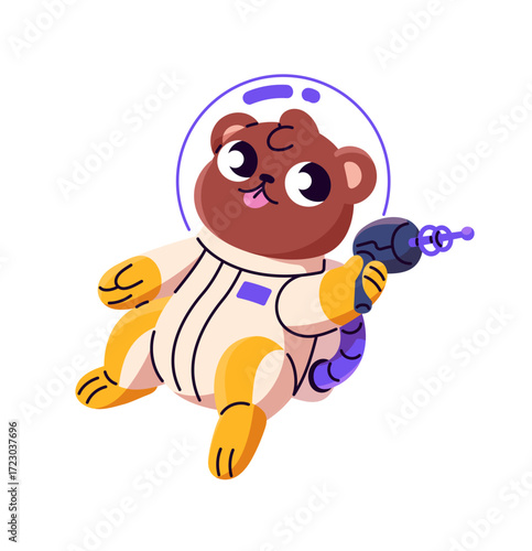 Cute animal astronaut in spacesuit flies in outer space. Funny bear spaceman in helmet and with blaster gun is in outerspace. Spacewalk in cosmos. Flat isolated vector illustration on white background