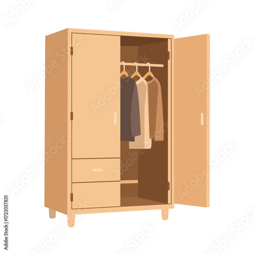 Vector illustration of modern wooden wardrobe and closet furniture with clothes, dresses, shirts, shoes, and storage boxes. Stylish bedroom interior design element for fashion and organization.