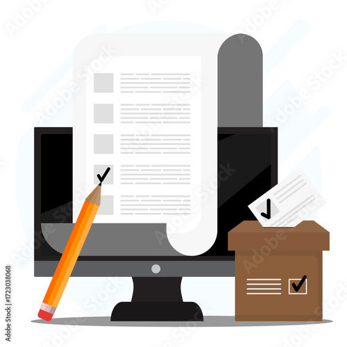 Concept of online votings. Voting form with checklist by big pencil and voting box on front of computer. Political competition with modern system