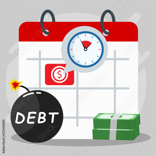 Payment deadline concept. Calendar with clock, money, and debt bomb symbolizing financial pressure, loan repayment, and economic risk in business and personal finance.
