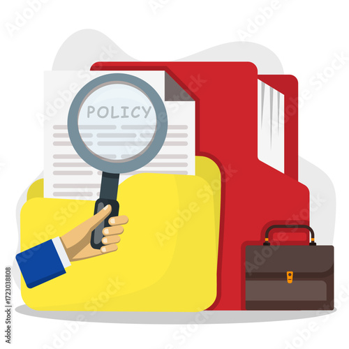 Searching legal policy document on folder and briefcase with hand holding magnifying glass concept