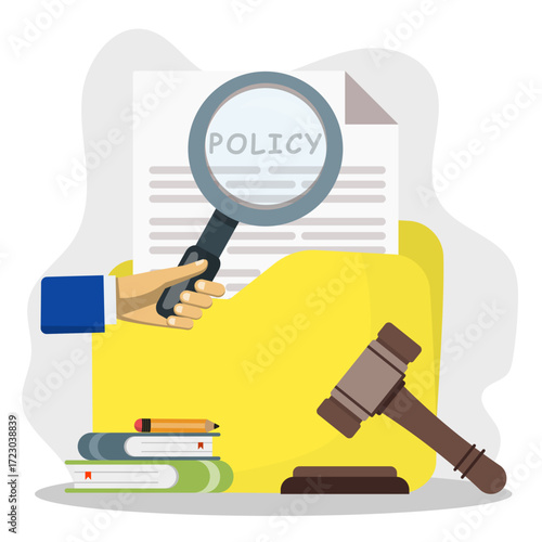 Searching legal policy document with hand holding magnifying glass concept. Legal notice document with judge's hammer and books. Corporate documents, agreement review and protection.