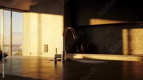 Golden sunlight streams into a modern kitchen, casting dramatic shadows through the foliage.