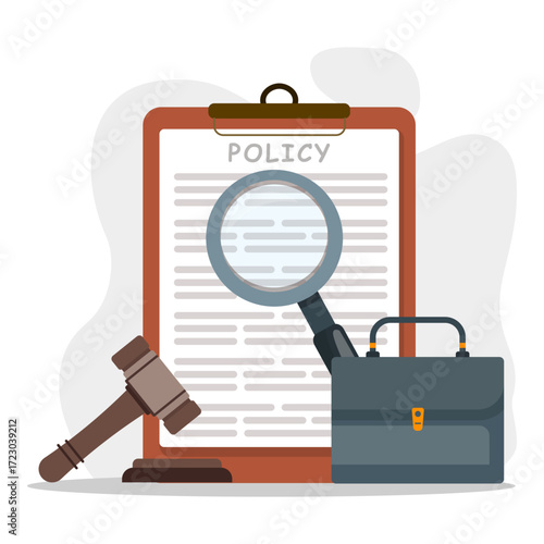 Legal policy document with judge's hammer and briefcase. Corporate documents, agreement review and protection.