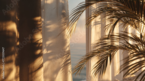 Palm Leaf Shadows on Sheer Curtain at Sunset – Minimal Boho Terrace Aesthetic | 300 DPI