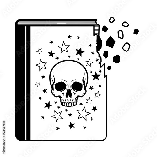 Spellbook with Skull and Stars Crumbling Edge Black and White Illustration
