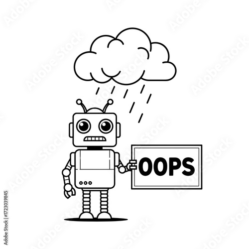 A Disappointed Robot Holding OOPS Sign Under Rainy Cloud