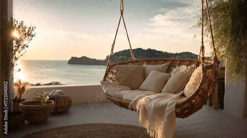 Boho Terrace Lounge at Sunset – Mediterranean Luxury Outdoor Living 300DPI